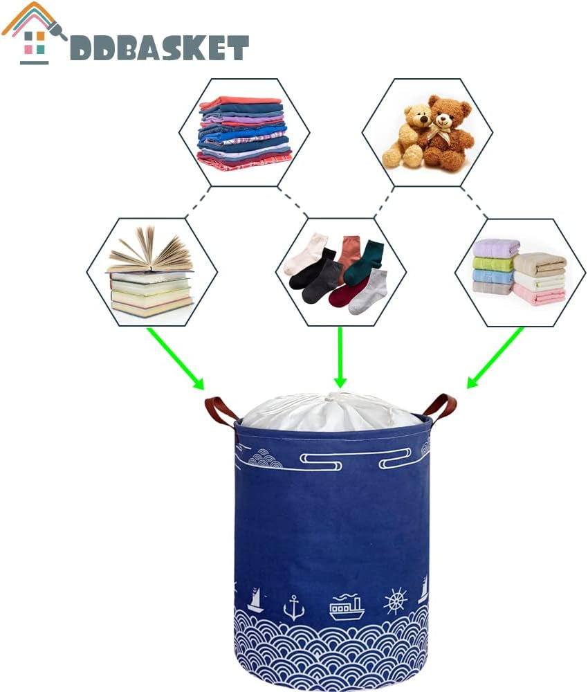 DDBASKE 2-Pack Large Collapsible Drawstring Laundry Basket with Lid - Stylish Toy Storage Bin for Kids - Perfect Clothes Hamper with Handles (Blue Wave)