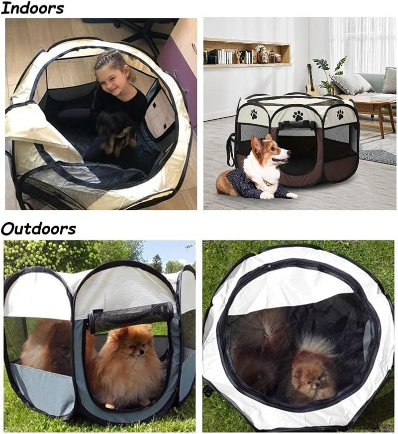 Premium Foldable Pet Playpen - Portable Octagon Dog & Cat Exercise Tent with Free Carrying Case & Travel Bowl (Beige+Grey, Small)