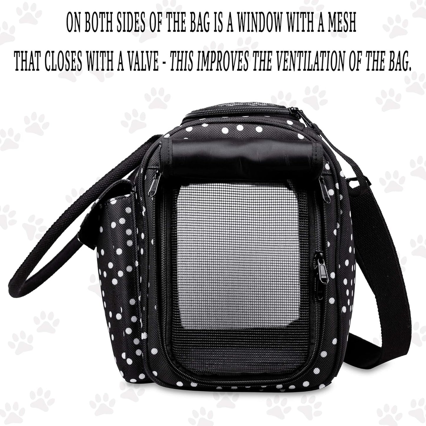 Stylish Black Polka Dot Soft-Sided Pet Carrier - Airline Approved Tote for Dogs, Cats, and Rabbits with Breathable Mesh and Convenient Pockets