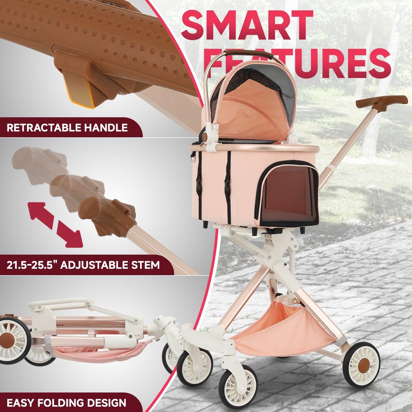 CAAP 3-in-1 Lightweight Pet Stroller with Detachable Carrier & Storage Basket - Perfect for Dogs & Cats!