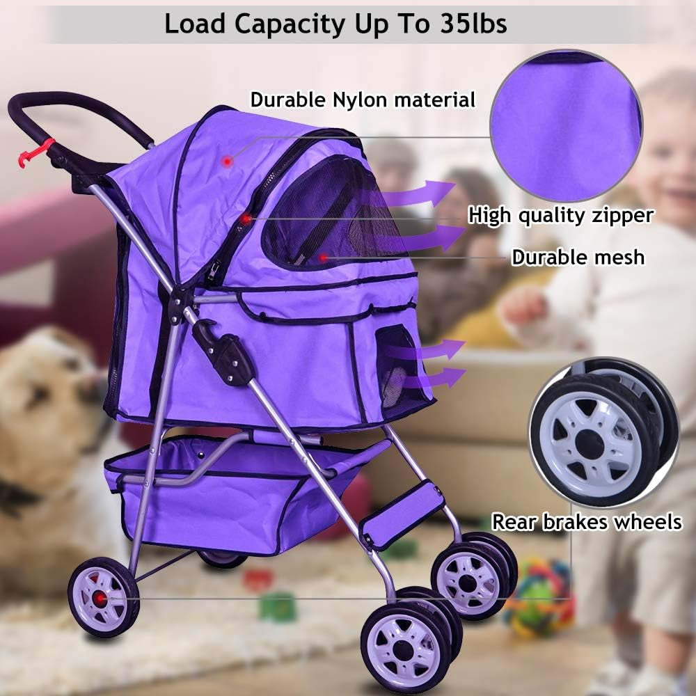 Purple 4-Wheel Pet Stroller for Cats and Dogs - Folding Travel Carrier with Cup Holders and Removable Liner for Small to Medium Pets