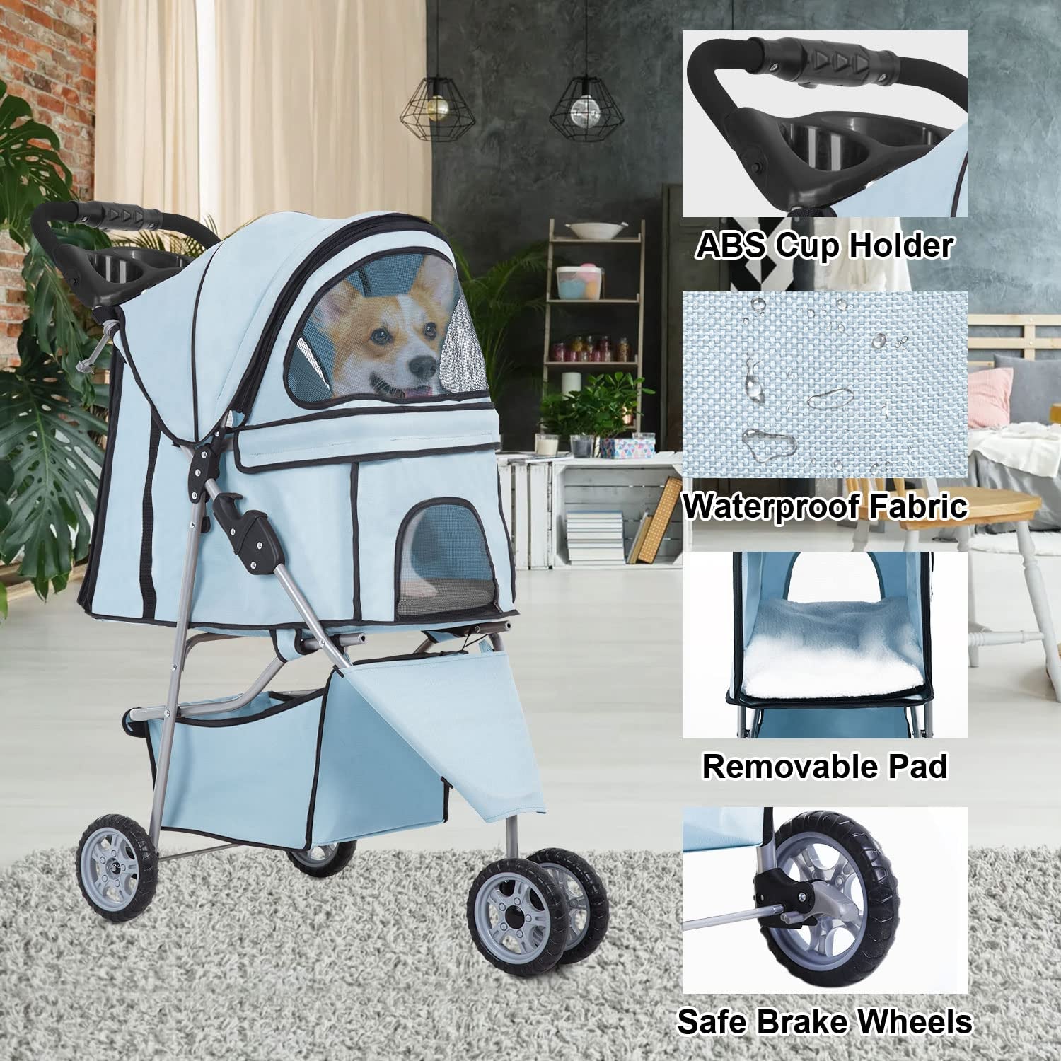 Light Blue 3-Wheel Pet Stroller for Small Dogs & Cats - Waterproof, Folding Carrier with Cup Holder