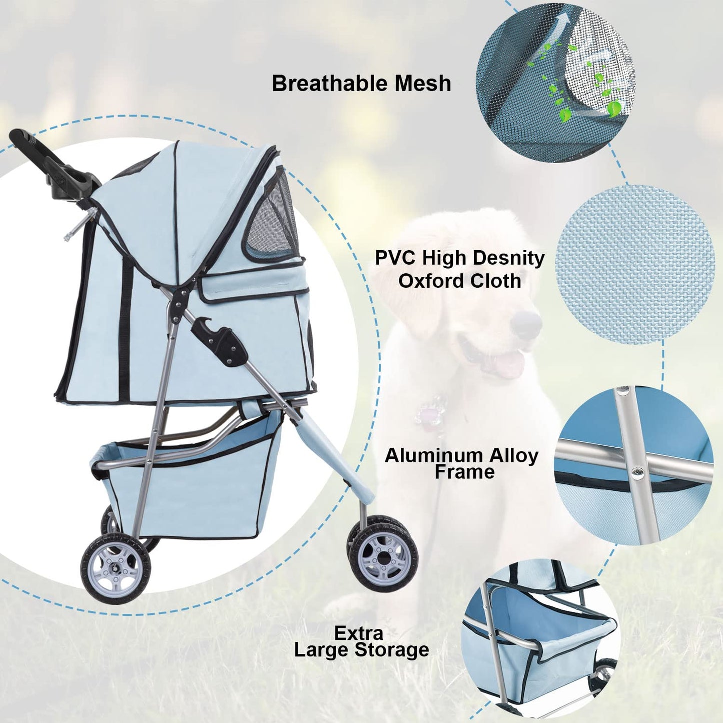 Light Blue 3-Wheel Pet Stroller for Small Dogs & Cats - Waterproof, Folding Carrier with Cup Holder