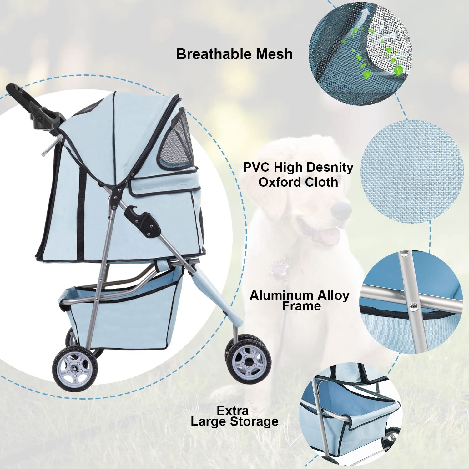 Light Blue 3-Wheel Pet Stroller for Small Dogs & Cats - Waterproof, Folding Carrier with Cup Holder