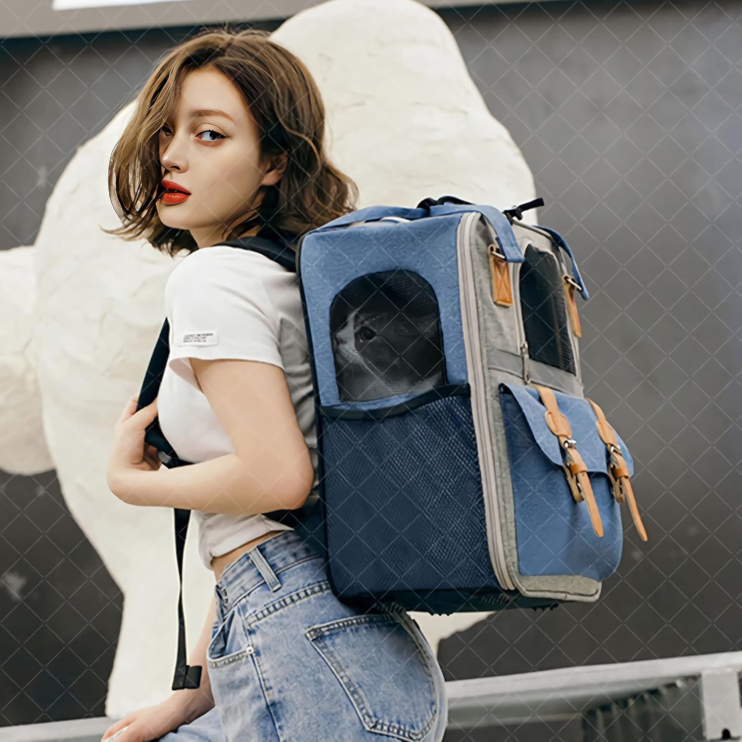 Premium Pet Carrier Backpack for Cats and Small Dogs - Comfortable, Ventilated, and Stylish for Travel and Hiking (Blue)