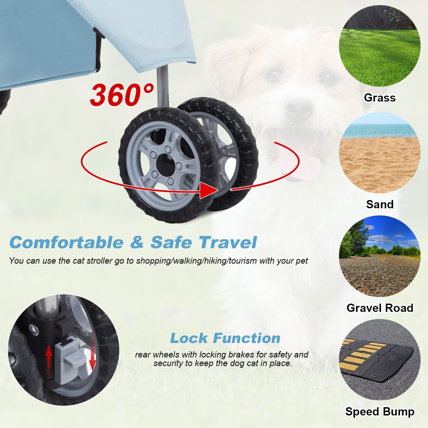 Light Blue 3-Wheel Pet Stroller for Small Dogs & Cats - Waterproof, Folding Carrier with Cup Holder