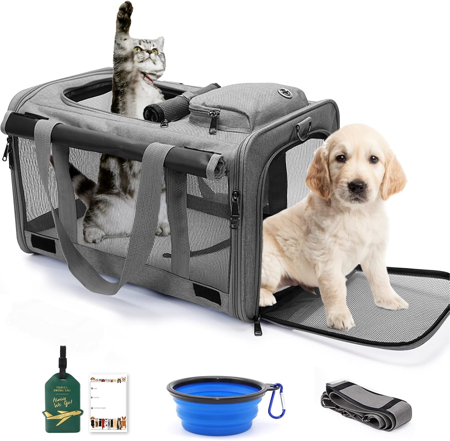 Premium Cat Carrier Set of 3 - Airline Approved, Breathable Mesh Design, Easy-Clean Dog Carrier for Small Pets with Foldable Bowl & Nameplate (Grey)