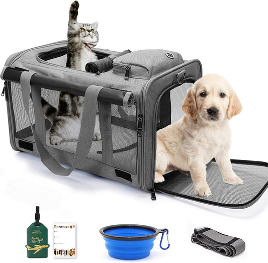 Premium Cat Carrier Set of 3 - Airline Approved, Breathable Mesh Design, Easy-Clean Dog Carrier for Small Pets with Foldable Bowl & Nameplate (Grey)