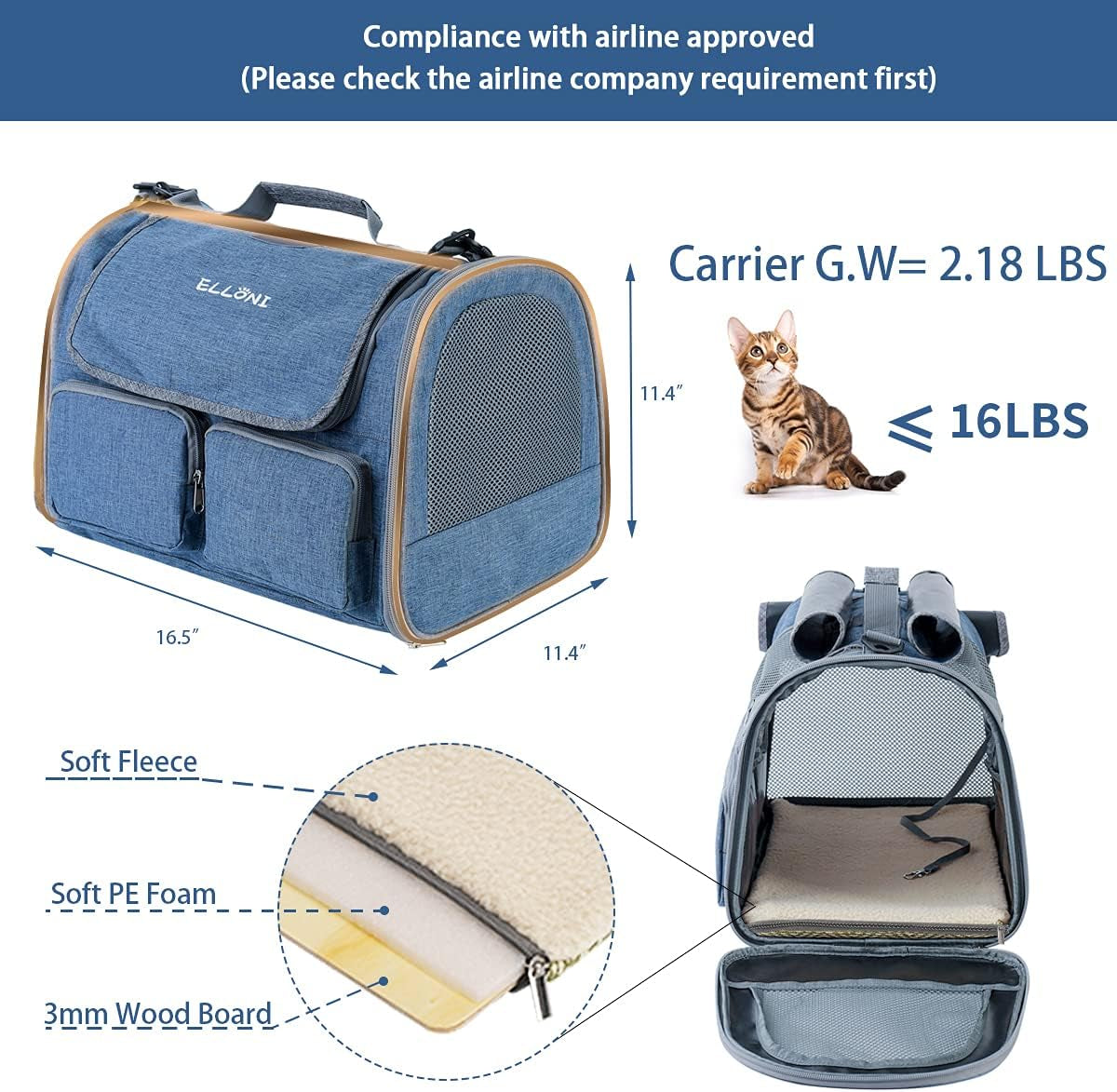 Airline Approved Soft Sided Pet Carrier for Cats & Small Dogs - Portable Mesh Travel Bag with Top Loading Design - TSA Compliant Blue Carrier