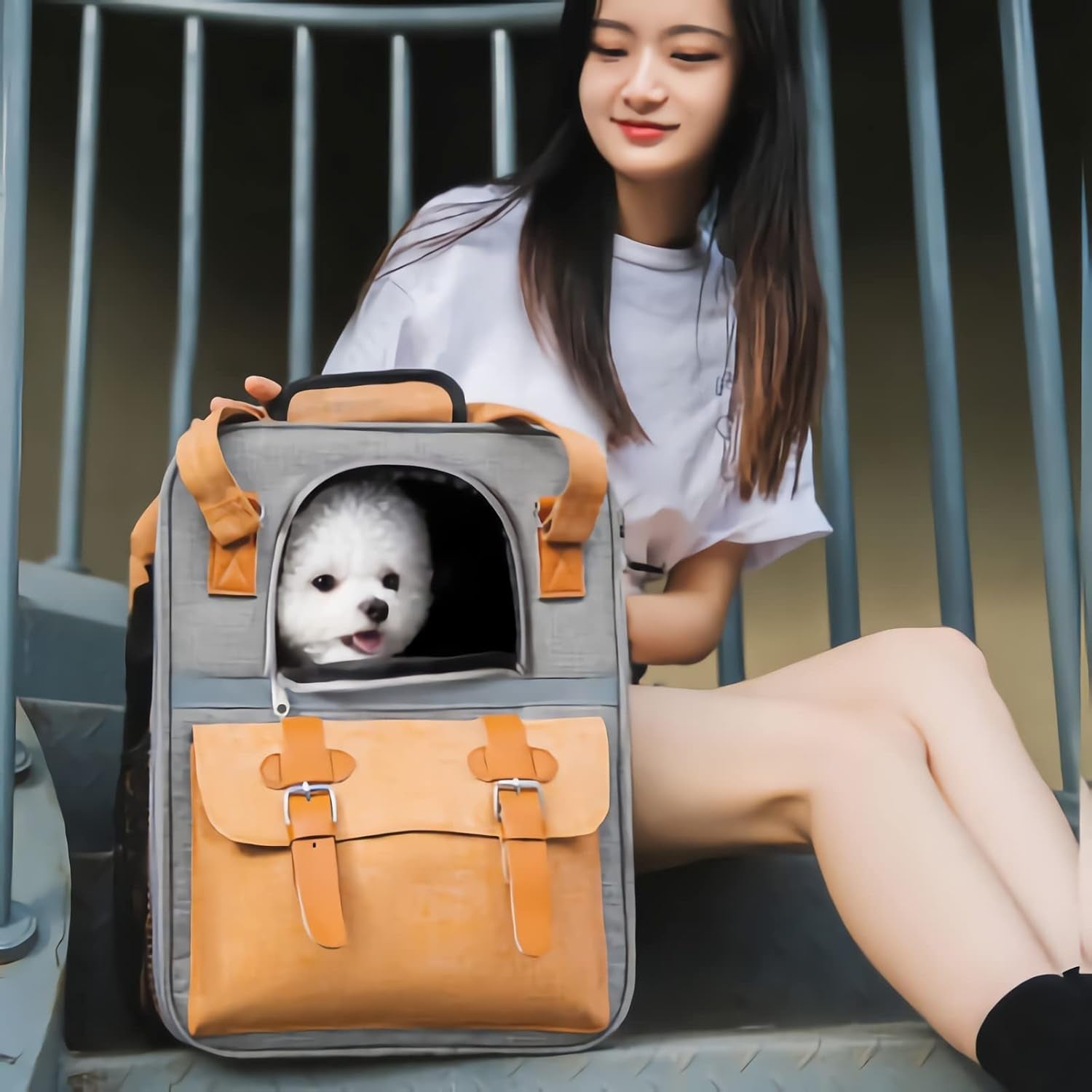 Stylish Orange Pet Carrier Backpack for Cats & Small Dogs - Perfect for Travel, Hiking & Outdoor Adventures with Comfortable Mesh Straps & Durable Oxford Cloth