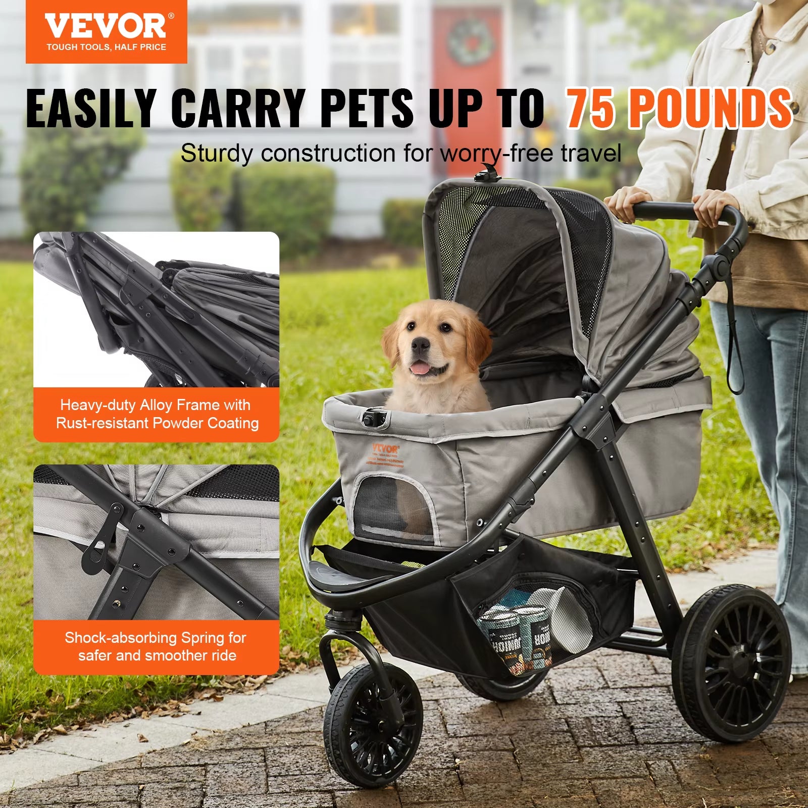 Lightweight Pet Stroller Carrier for Dogs & Cats - Travel-Friendly with Brakes, Pet Pad & Cup Holder