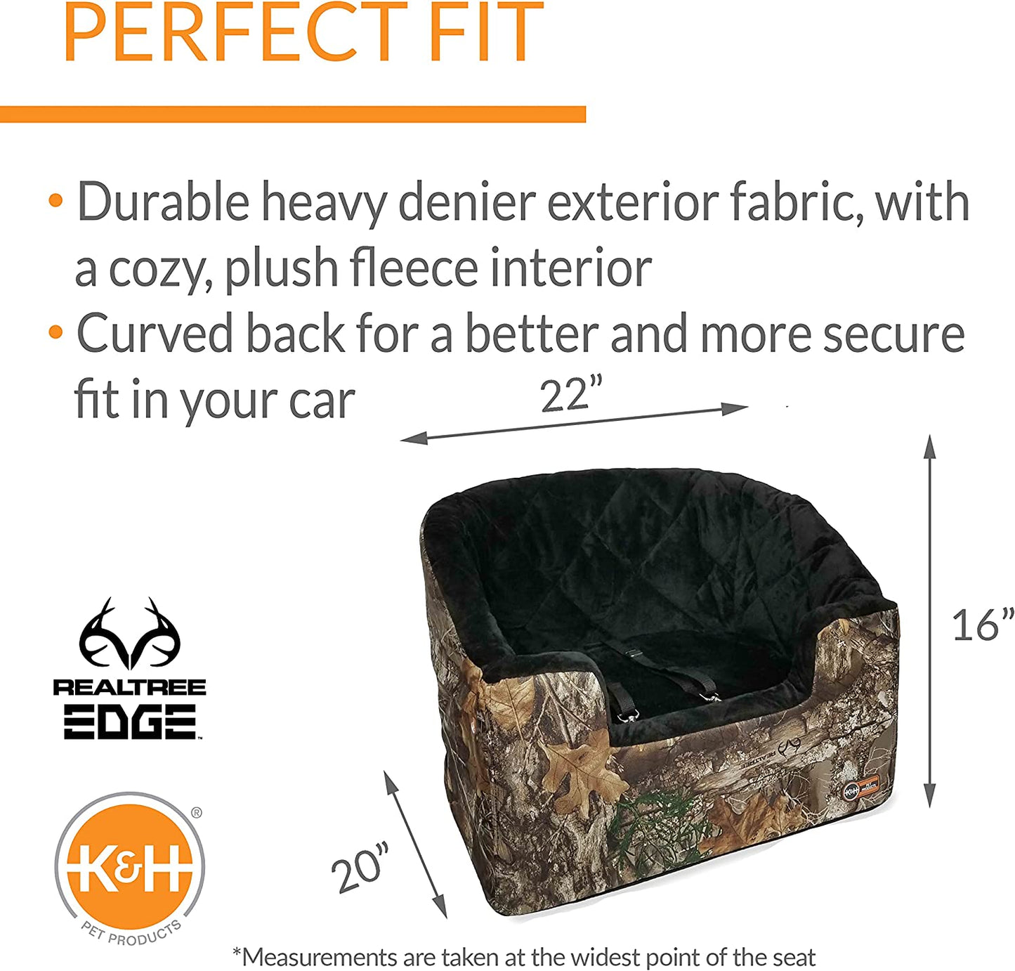 Premium Bucket Booster Dog Car Seat with Safety Seat Belt - Washable, Sturdy Design for Small & Medium Dogs - Includes 2 Safety Leashes - Stylish Realtree Edge Camo