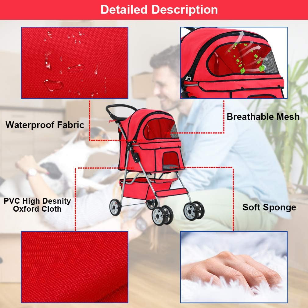 Stylish Red Pet Stroller - Foldable Travel Carrier for Cats and Dogs