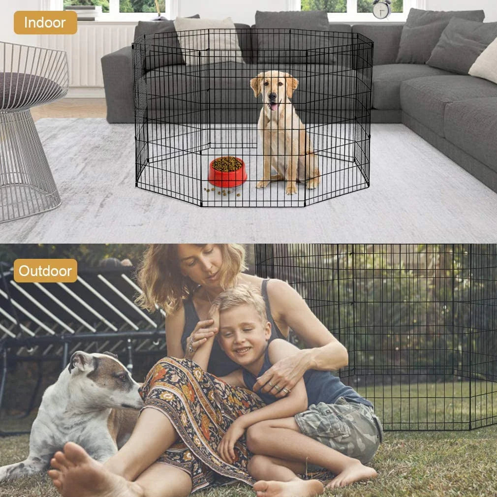 Portable Metal Playpen Dog Fence - 24 Inch Exercise Pen for Small Pets (Dog, Cat, Rabbit) - Black Kennel Cage