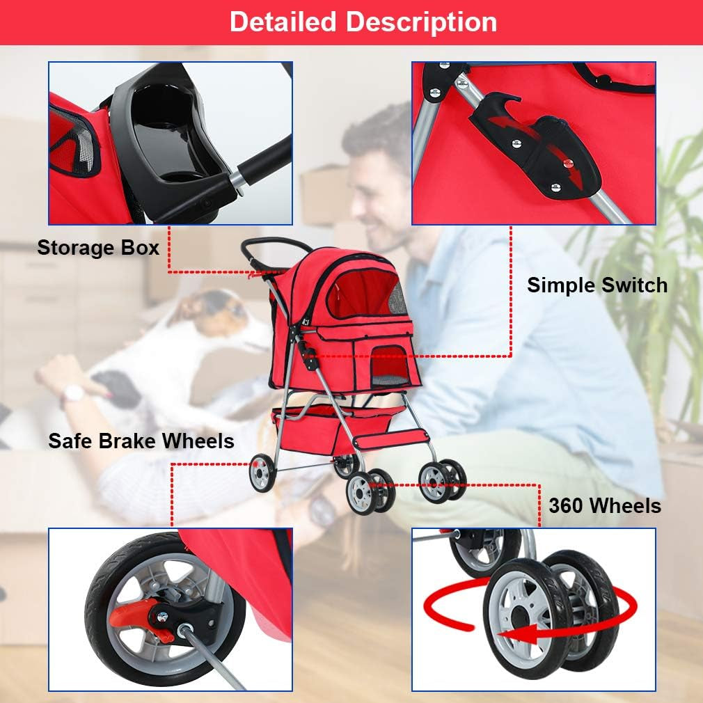 Stylish Red Pet Stroller - Foldable Travel Carrier for Cats and Dogs