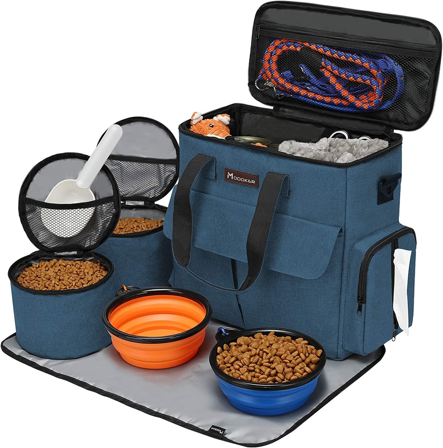 Ultimate Dog Travel Bag - Airline Approved Pet Travel Set with Food Containers, Bowls & Feeding Mat (Blue)