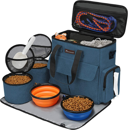 Ultimate Dog Travel Bag - Airline Approved Pet Travel Set with Food Containers, Bowls & Feeding Mat (Blue)