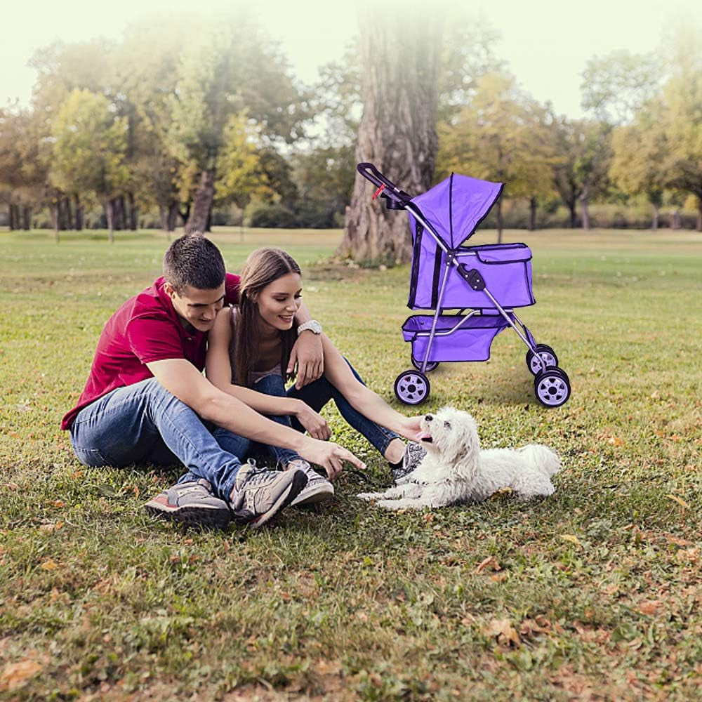 Purple 4-Wheel Pet Stroller for Cats and Dogs - Folding Travel Carrier with Cup Holders and Removable Liner for Small to Medium Pets