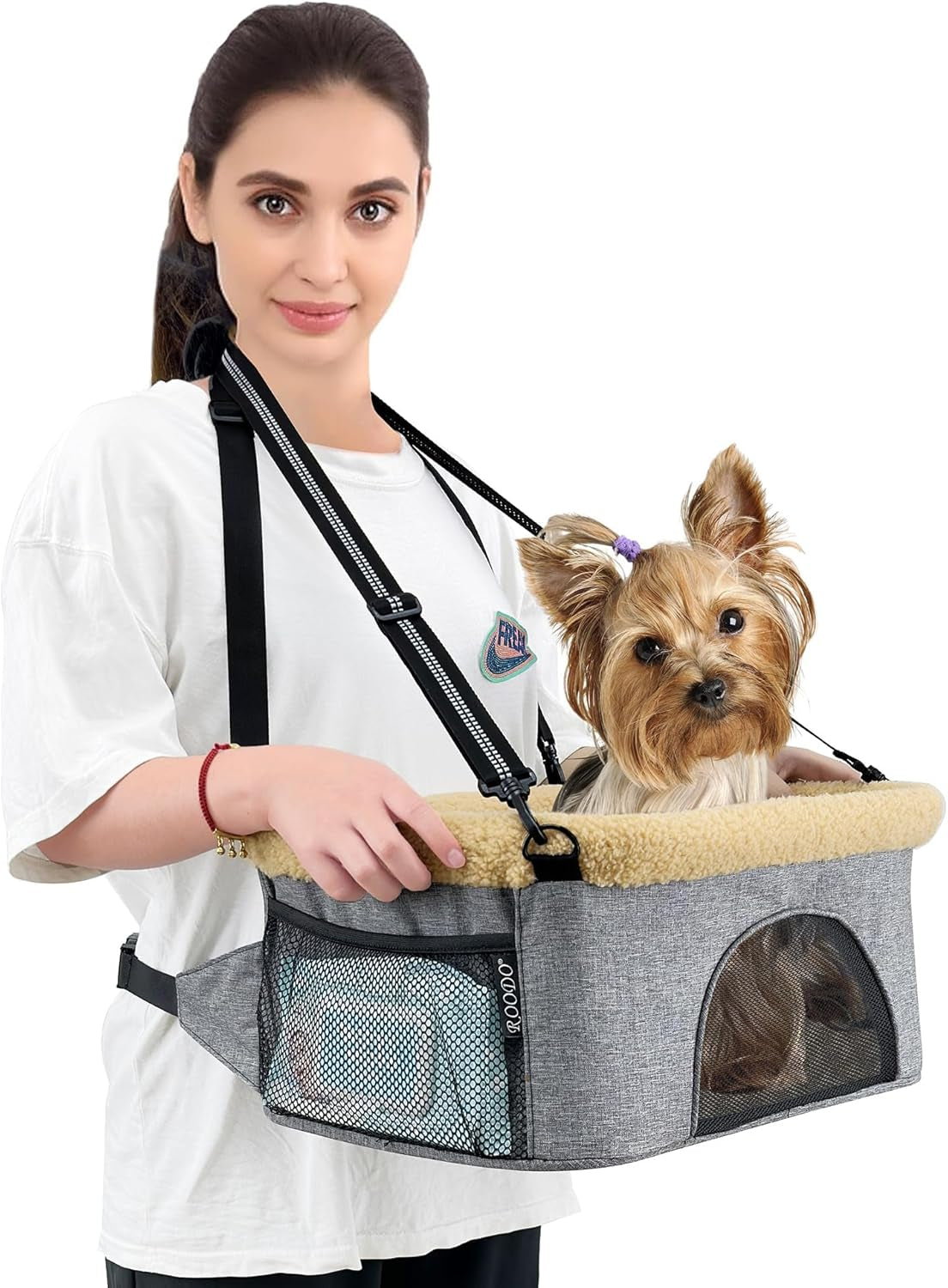 Deluxe 2-in-1 Dog Car Booster Seat & Carrier Sling - Adjustable, Foldable, and Portable Pet Travel System for Small Pets (Under 20lbs) - Plush & Reflective Nylon - Khaki