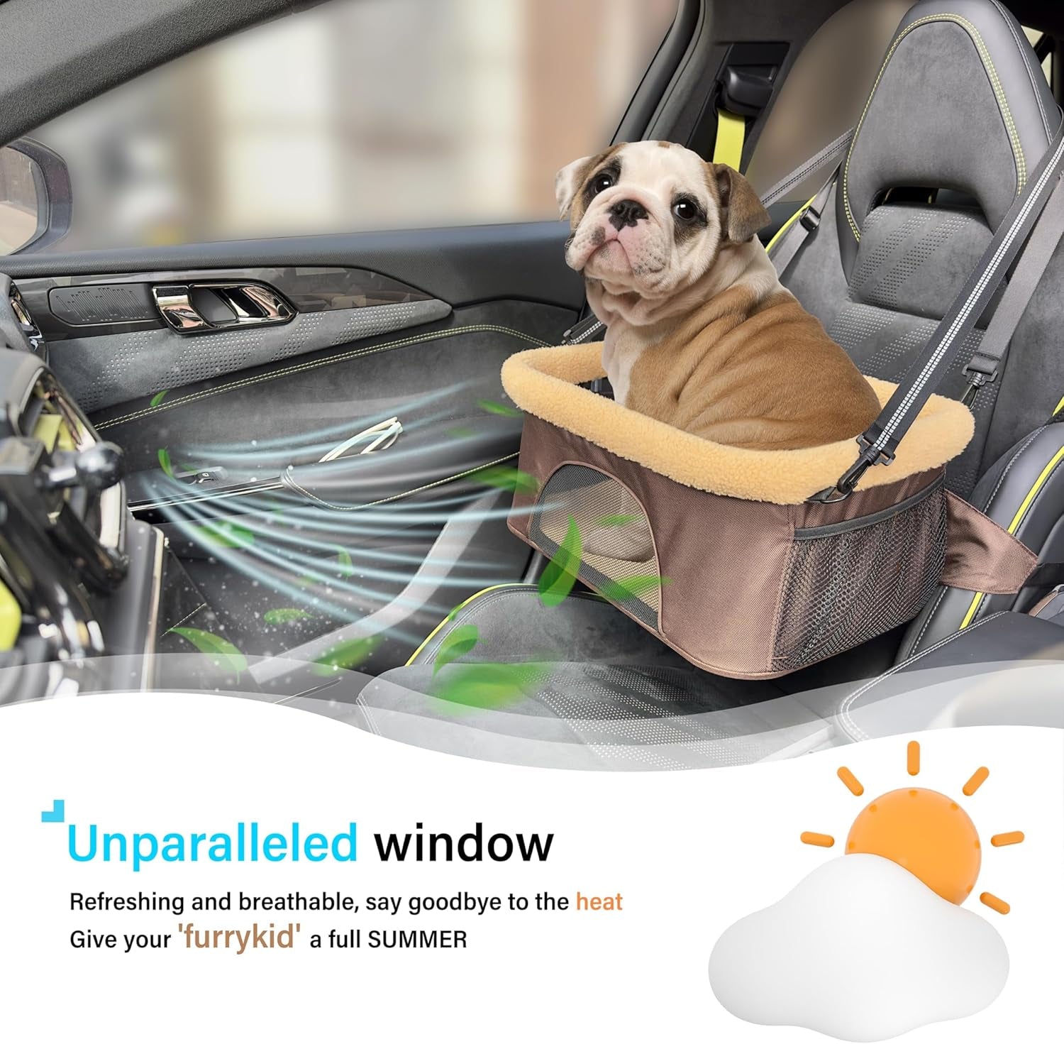 Deluxe 2-in-1 Dog Car Booster Seat & Carrier Sling - Adjustable, Foldable, and Portable Pet Travel System for Small Pets (Under 20lbs) - Plush & Reflective Nylon - Khaki