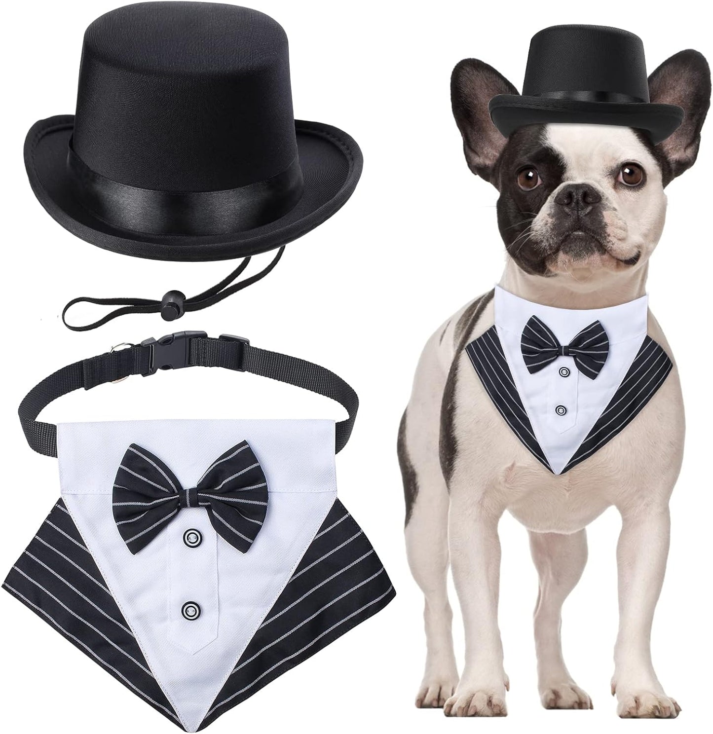 Stylish Pet Formal Accessories Set - Top Hat & Tuxedo Bandana for Dogs & Cats - Perfect for Birthdays, Graduations & Halloween (Set-A)