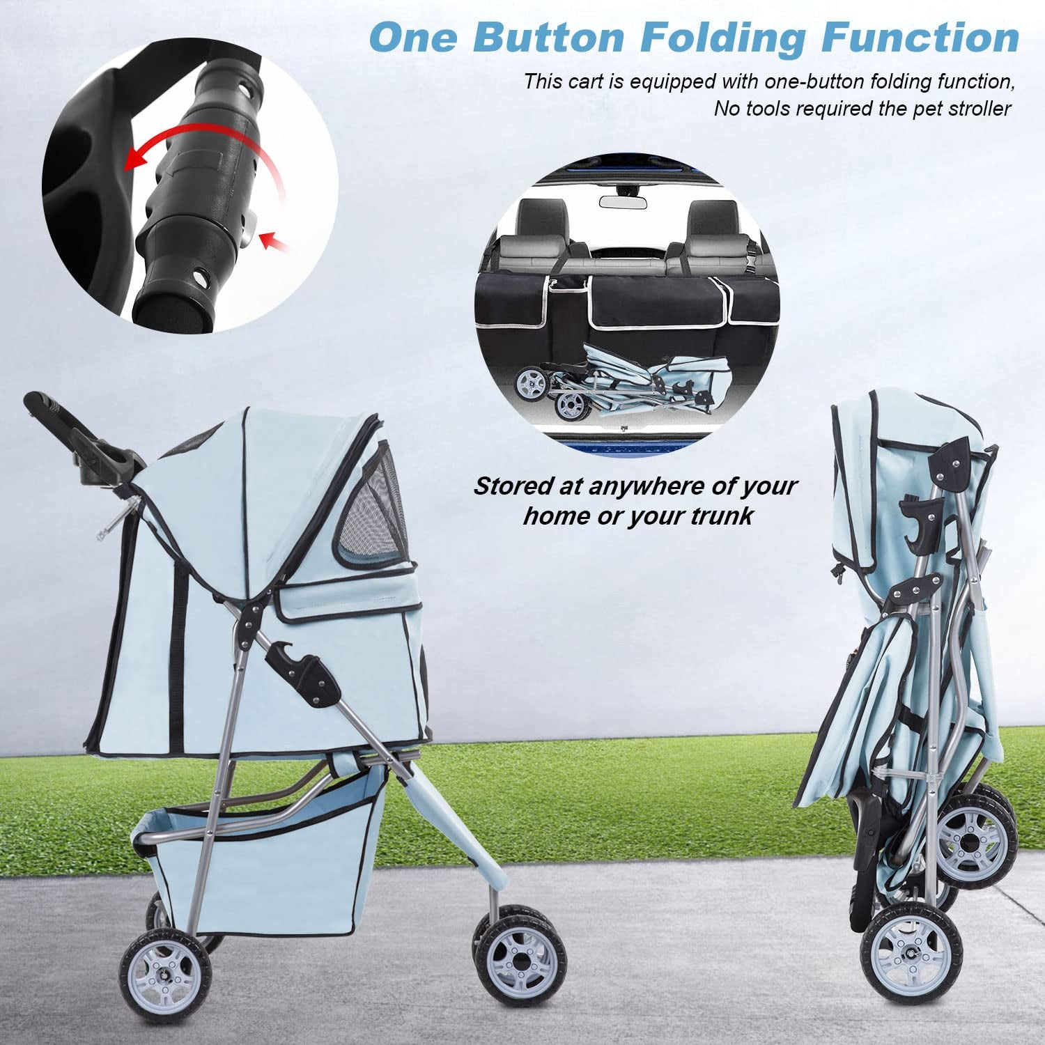 Light Blue 3-Wheel Pet Stroller for Small Dogs & Cats - Waterproof, Folding Carrier with Cup Holder