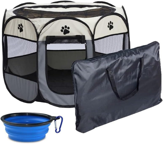 Premium Foldable Pet Playpen - Portable Octagon Dog & Cat Exercise Tent with Free Carrying Case & Travel Bowl (Beige+Grey, Small)