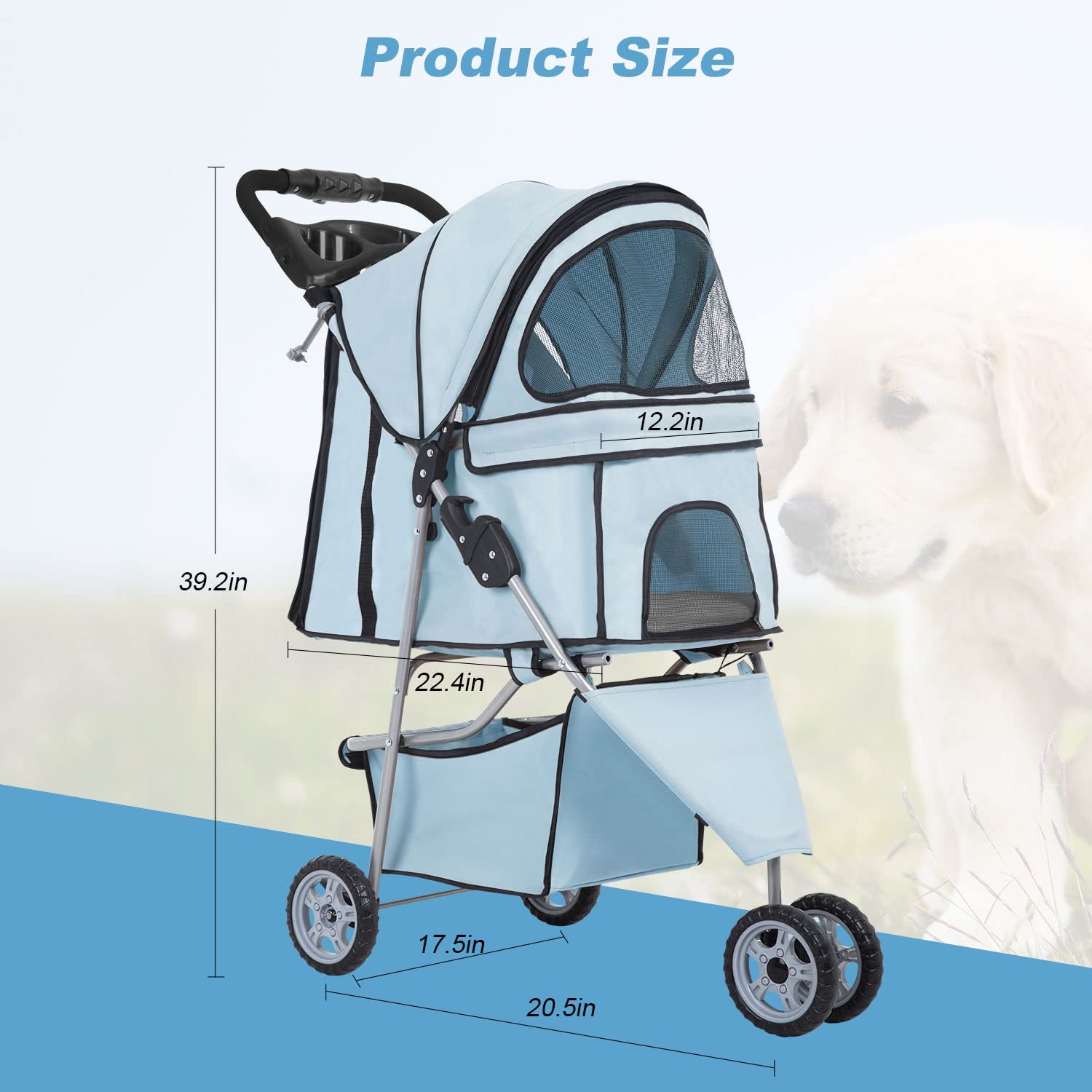 Light Blue 3-Wheel Pet Stroller for Small Dogs & Cats - Waterproof, Folding Carrier with Cup Holder