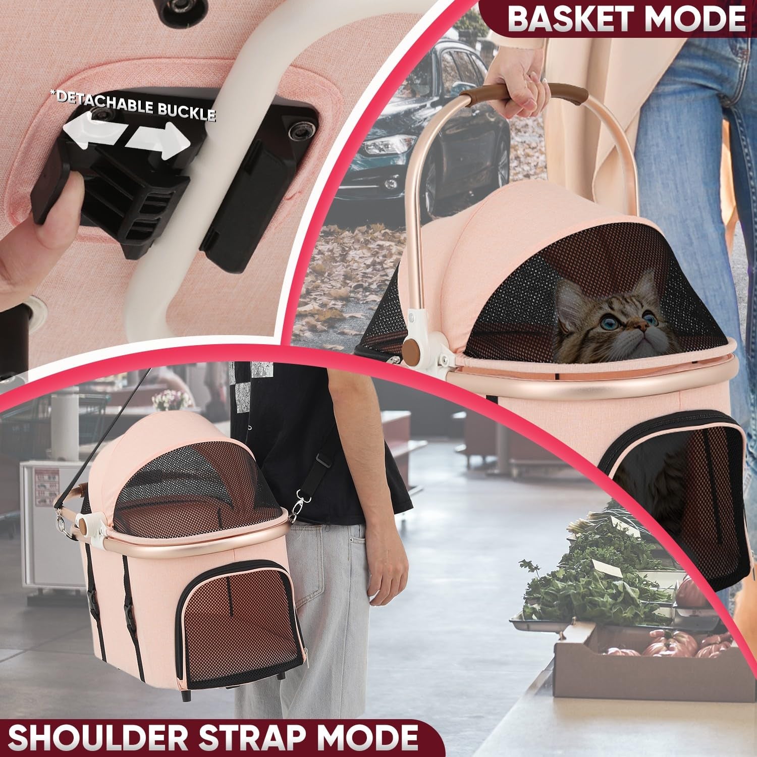 CAAP 3-in-1 Lightweight Pet Stroller with Detachable Carrier & Storage Basket - Perfect for Dogs & Cats!