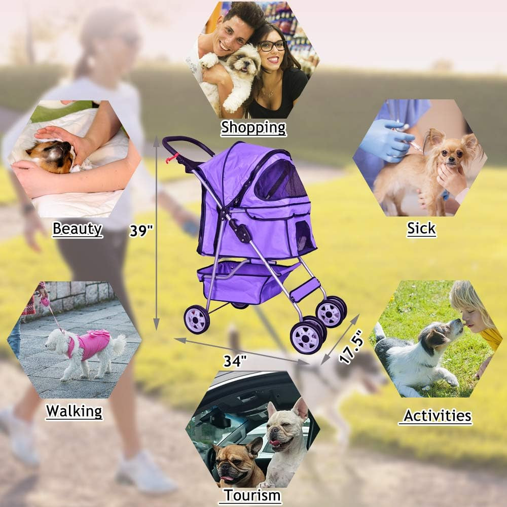 Purple 4-Wheel Pet Stroller for Cats and Dogs - Folding Travel Carrier with Cup Holders and Removable Liner for Small to Medium Pets