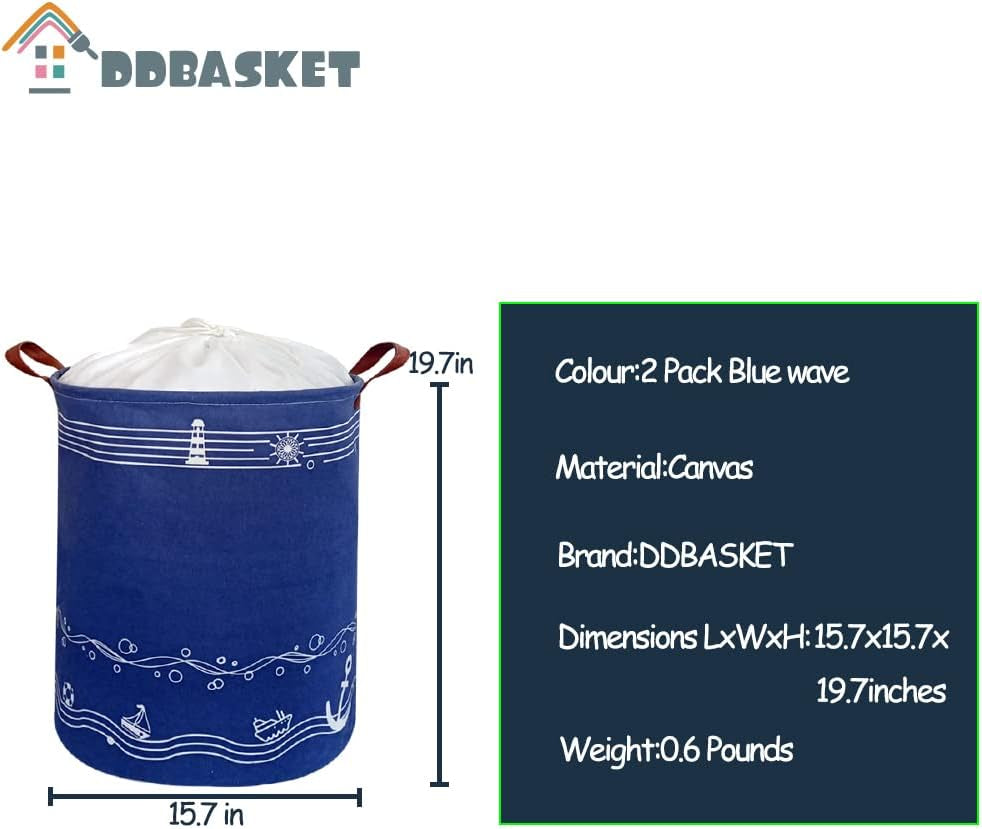 DDBASKE 2-Pack Large Collapsible Drawstring Laundry Basket with Lid - Stylish Toy Storage Bin for Kids - Perfect Clothes Hamper with Handles (Blue Wave)