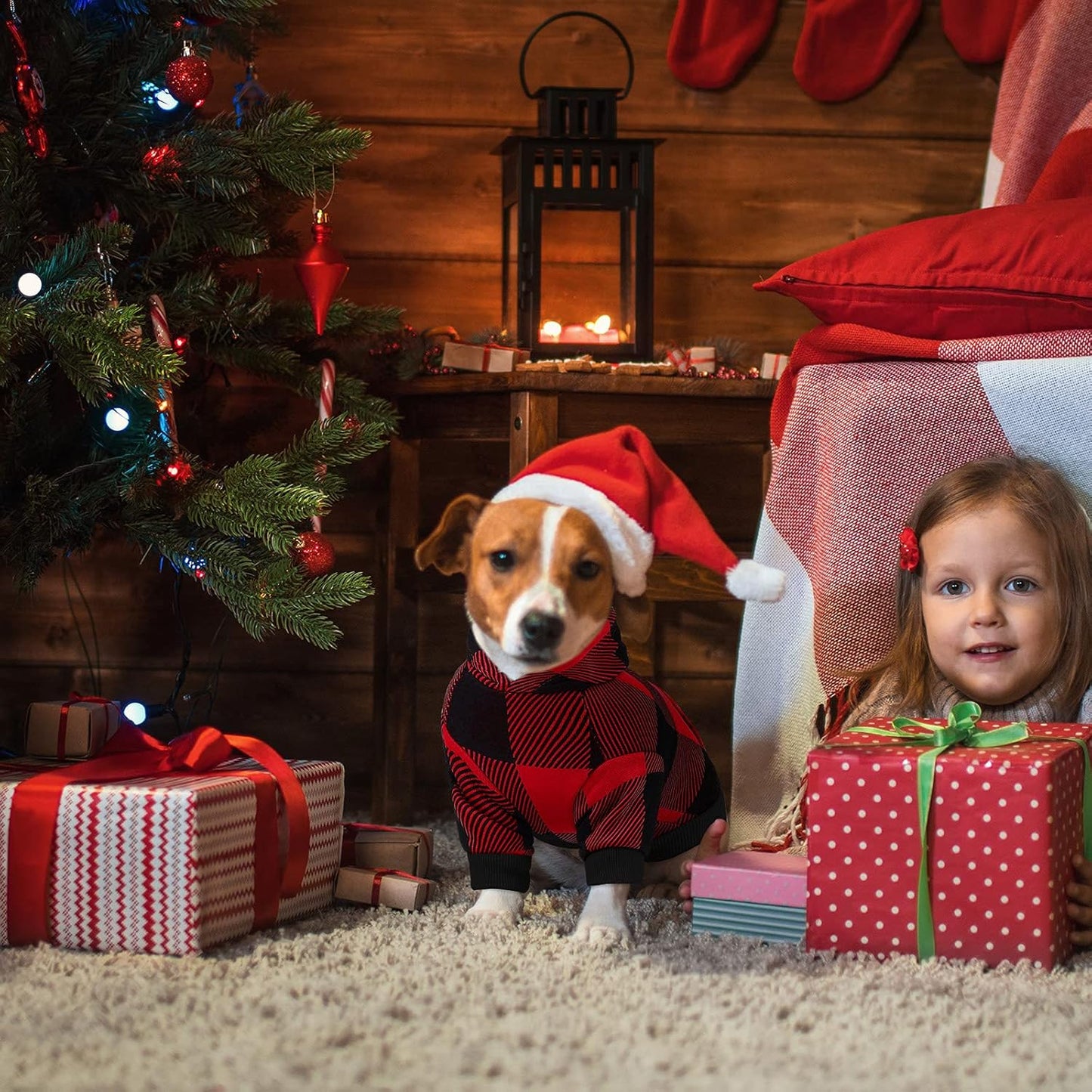 Stylish Red and Black Plaid Dog Hoodie with Hat - Cozy and Breathable Pet Sweater for Dogs and Cats with Pocket and Footprints Pattern, Medium Size