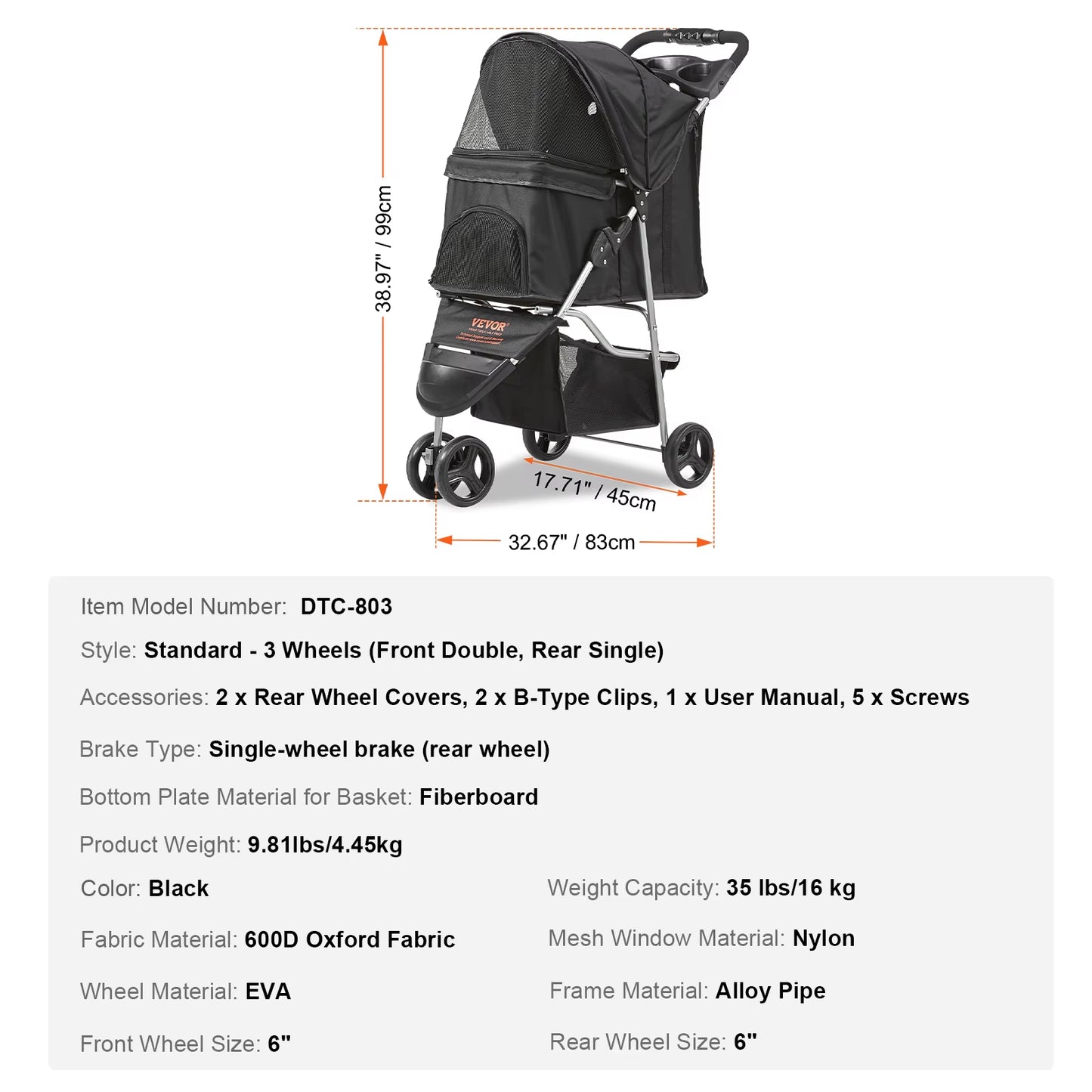 Lightweight Pet Stroller Carrier for Dogs & Cats - Travel-Friendly with Brakes, Pet Pad & Cup Holder