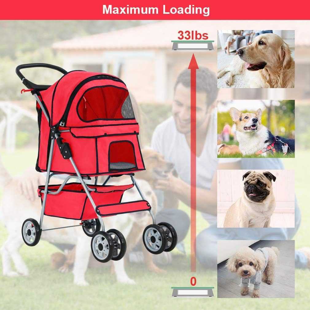 Stylish Red Pet Stroller - Foldable Travel Carrier for Cats and Dogs