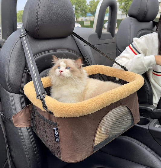 Deluxe 2-in-1 Dog Car Booster Seat & Carrier Sling - Adjustable, Foldable, and Portable Pet Travel System for Small Pets (Under 20lbs) - Plush & Reflective Nylon - Khaki