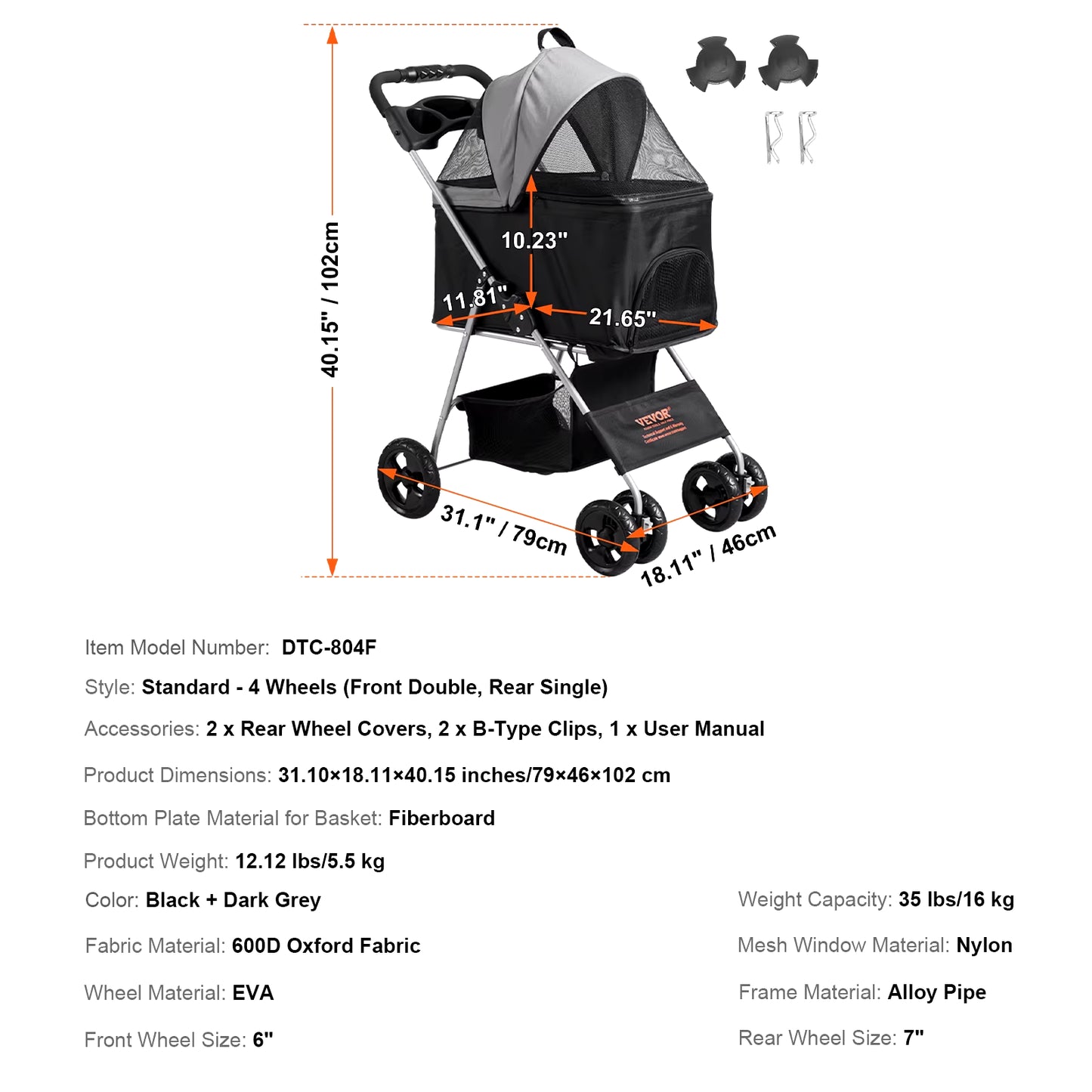 Lightweight Pet Stroller Carrier for Dogs & Cats - Travel-Friendly with Brakes, Pet Pad & Cup Holder