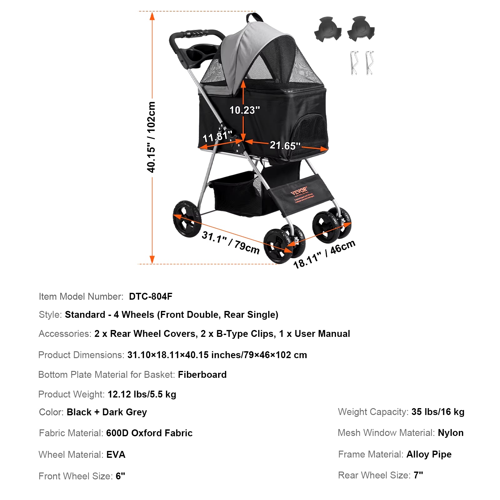 Lightweight Pet Stroller Carrier for Dogs & Cats - Travel-Friendly with Brakes, Pet Pad & Cup Holder