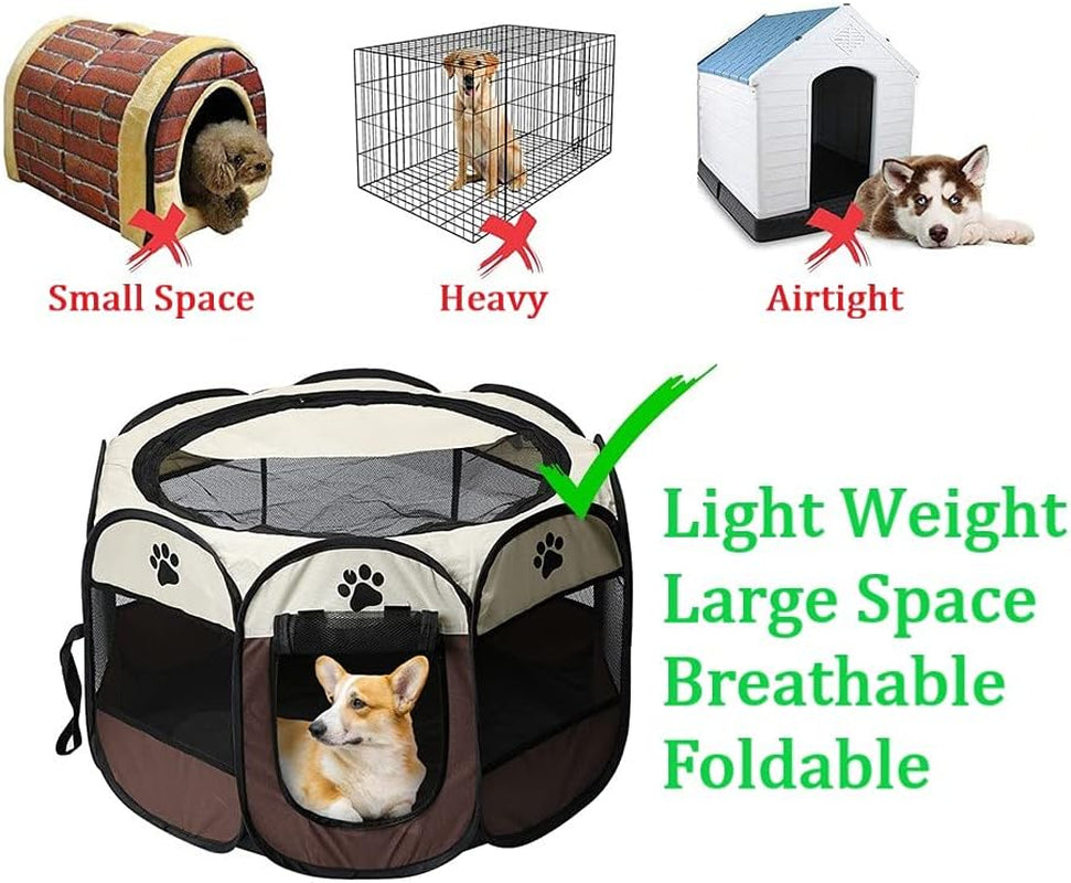Premium Foldable Pet Playpen - Portable Octagon Dog & Cat Exercise Tent with Free Carrying Case & Travel Bowl (Beige+Grey, Small)