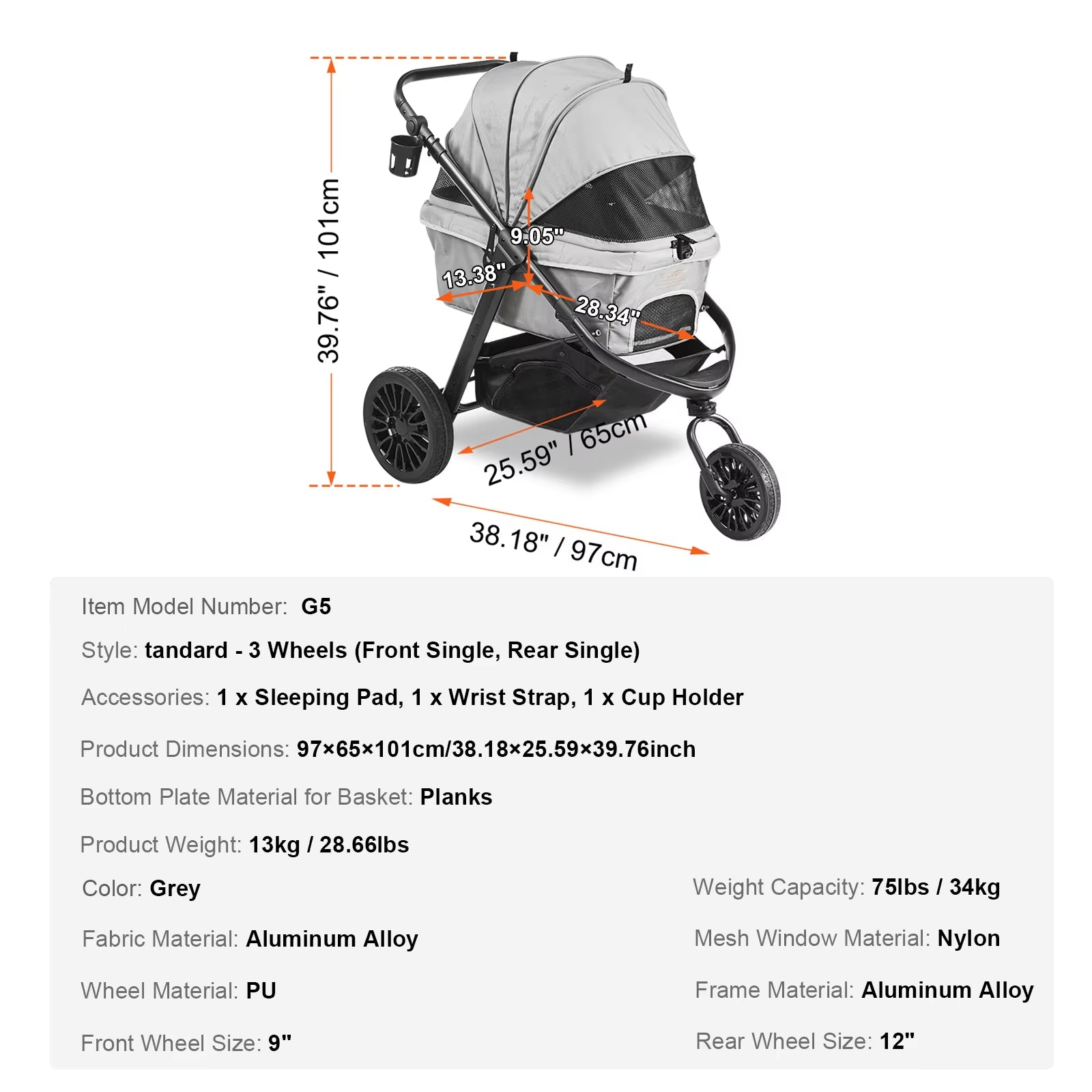 Lightweight Pet Stroller Carrier for Dogs & Cats - Travel-Friendly with Brakes, Pet Pad & Cup Holder