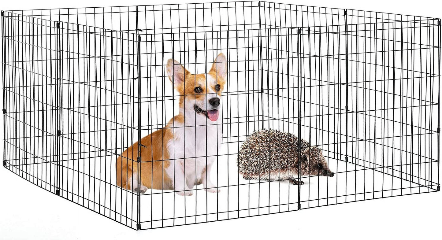 Portable Metal Playpen Dog Fence - 24 Inch Exercise Pen for Small Pets (Dog, Cat, Rabbit) - Black Kennel Cage