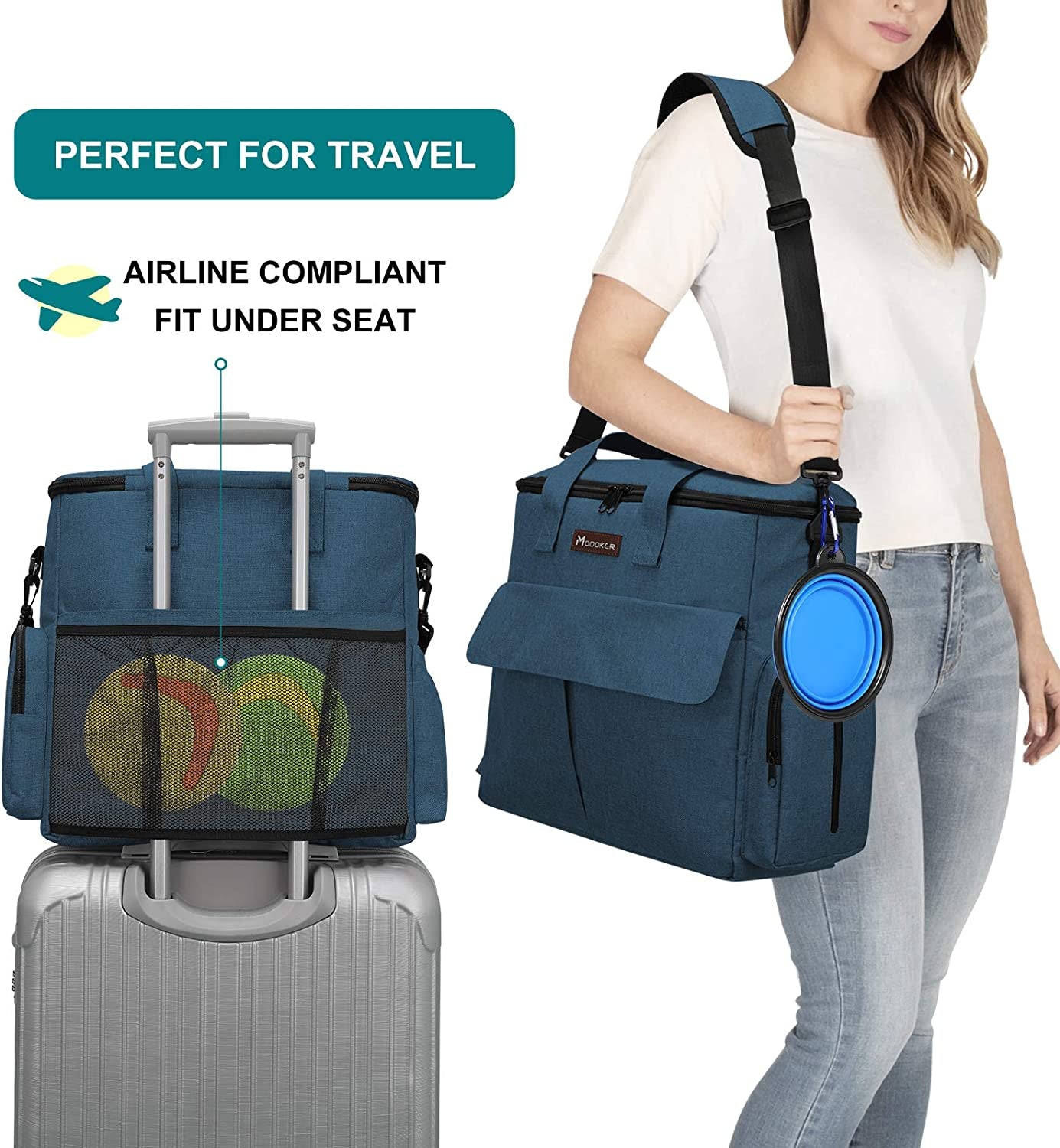 Ultimate Dog Travel Bag - Airline Approved Pet Travel Set with Food Containers, Bowls & Feeding Mat (Blue)