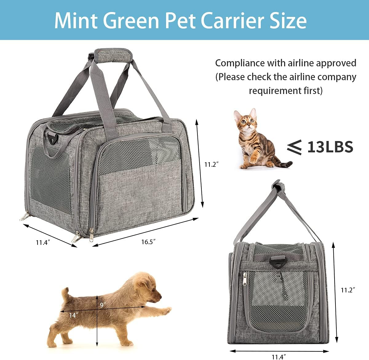 Airline Approved Soft Sided Pet Carrier for Cats & Small Dogs - Portable, Top Loading Design, TSA Compliant, Gray
