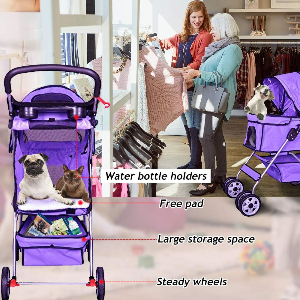 Purple 4-Wheel Pet Stroller for Cats and Dogs - Folding Travel Carrier with Cup Holders and Removable Liner for Small to Medium Pets
