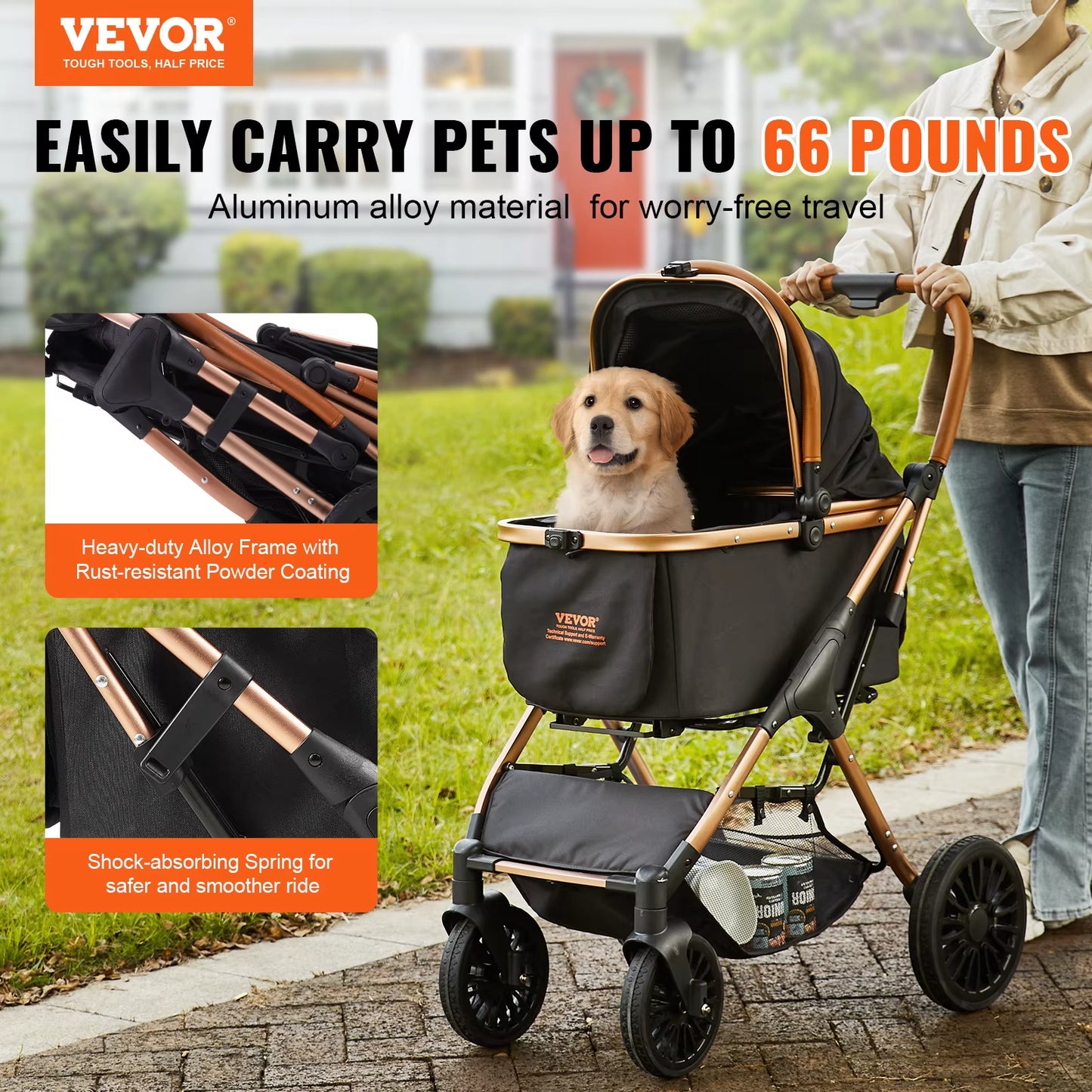 Ultimate 66 Lbs Pet Stroller - Foldable Dog & Puppy Carrier with Brakes and Storage Basket for Small to Medium Dogs