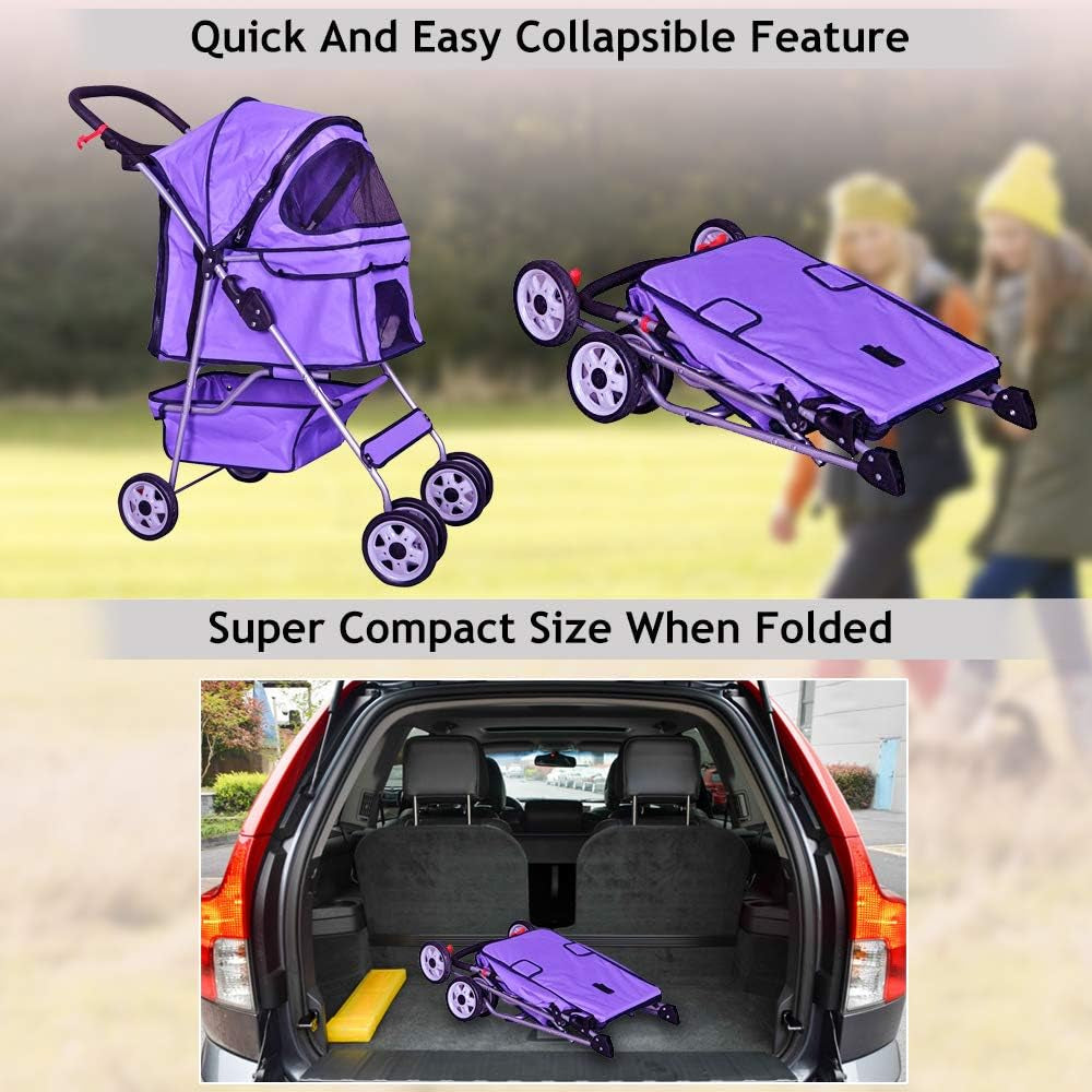 Purple 4-Wheel Pet Stroller for Cats and Dogs - Folding Travel Carrier with Cup Holders and Removable Liner for Small to Medium Pets