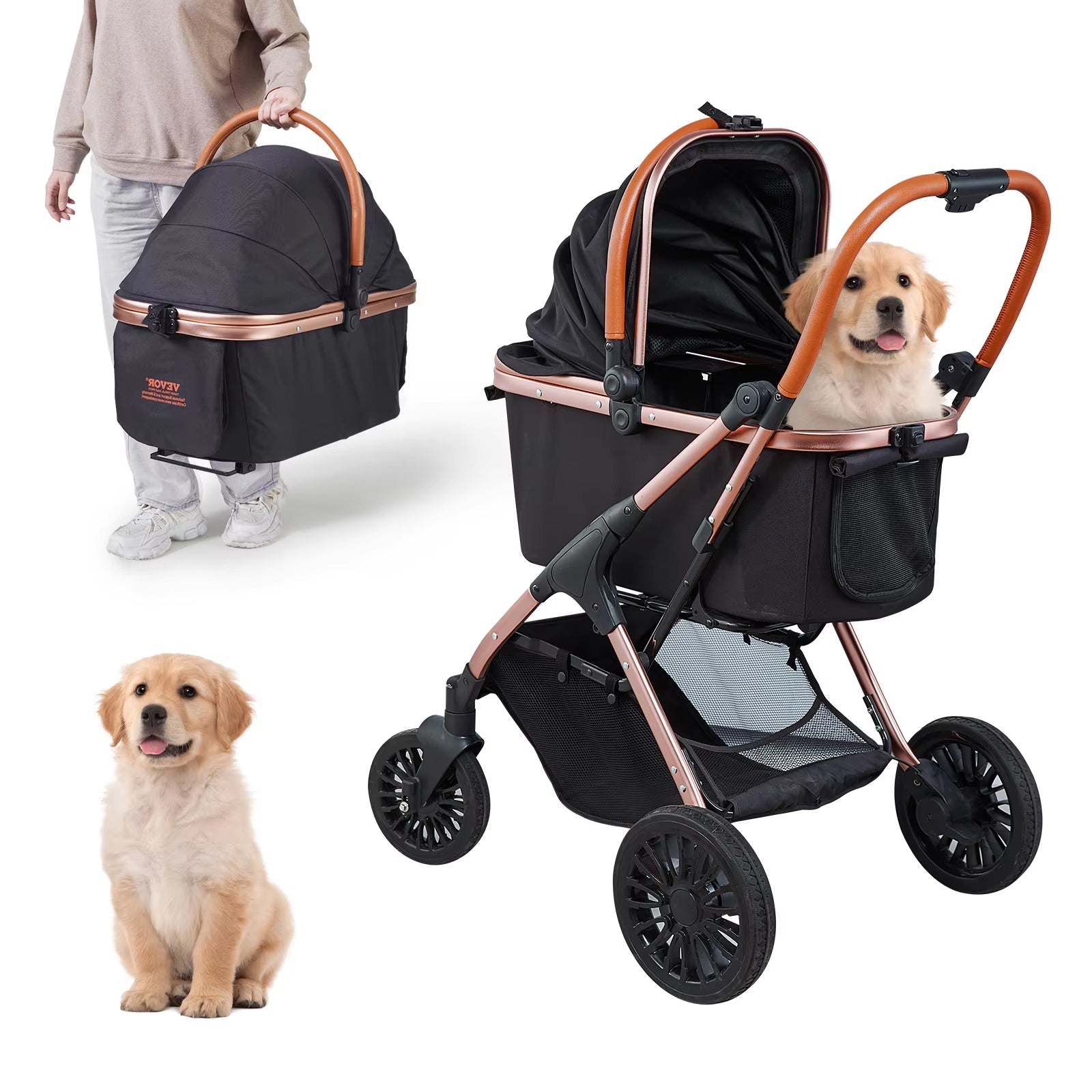 VEVOR 66 Lbs Foldable Pet Stroller with Brakes & Storage Basket - Ideal for Small to Medium Dogs