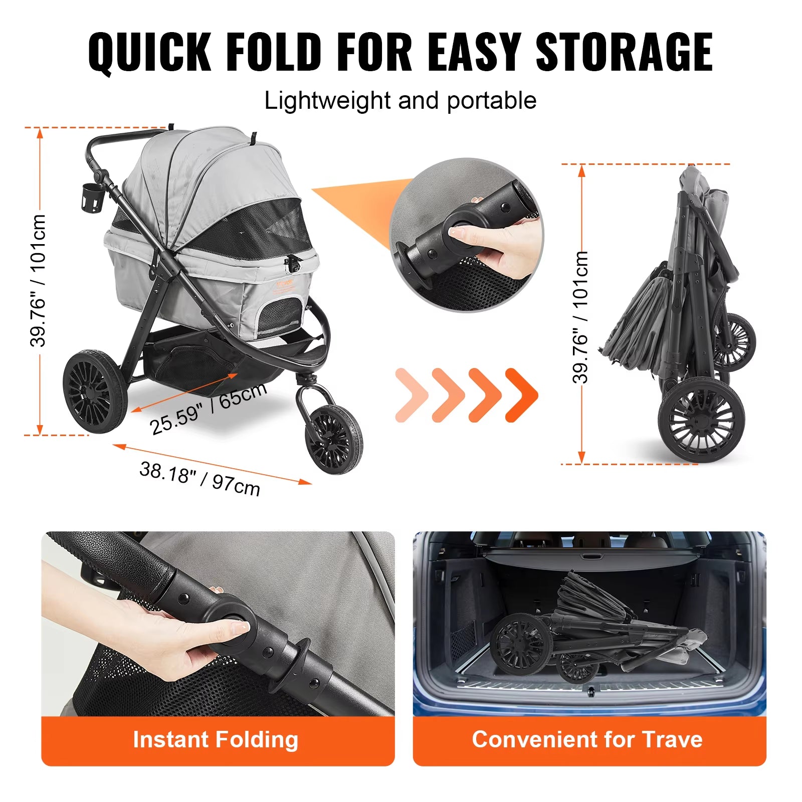 Lightweight Pet Stroller Carrier for Dogs & Cats - Travel-Friendly with Brakes, Pet Pad & Cup Holder