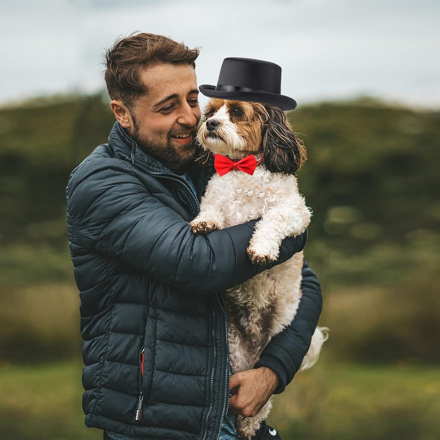 Chic 2-Piece Pet Formal Accessories Set - Stylish Top Hat with Necktie/Bowtie for Dogs & Cats - Perfect for Birthdays, Graduations, and Halloween (Red-A) One Size