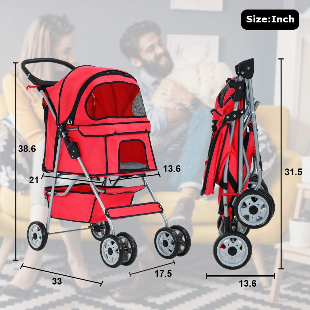 Stylish Red Pet Stroller - Foldable Travel Carrier for Cats and Dogs