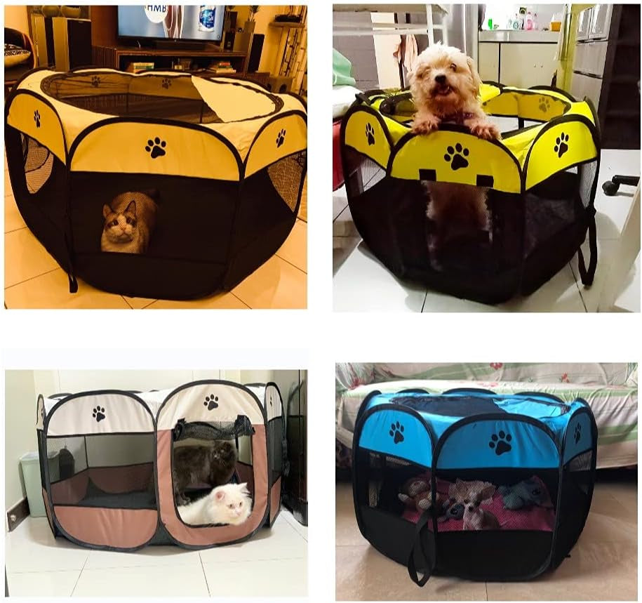 Premium Foldable Pet Playpen - Portable Octagon Dog & Cat Exercise Tent with Free Carrying Case & Travel Bowl (Beige+Grey, Small)
